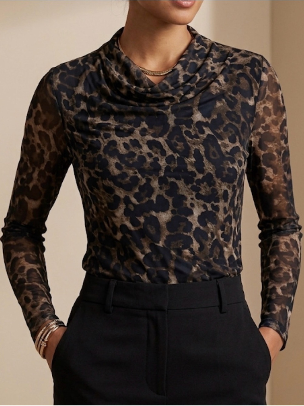 Marissa Olivia New York Leopard Print Long-Sleeve blouse - Black/Brown NWT